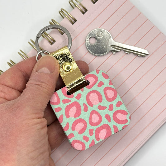 Mint Green and Pink Leopard Print Keychain and Mirror with Hidden Message