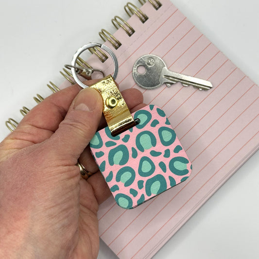 Pink and Teal Leopard Print Keychain and Mirror With Hidden Message