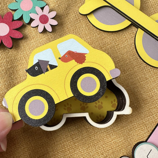 Wooden Trinket Box, Dogs in a Yellow Car