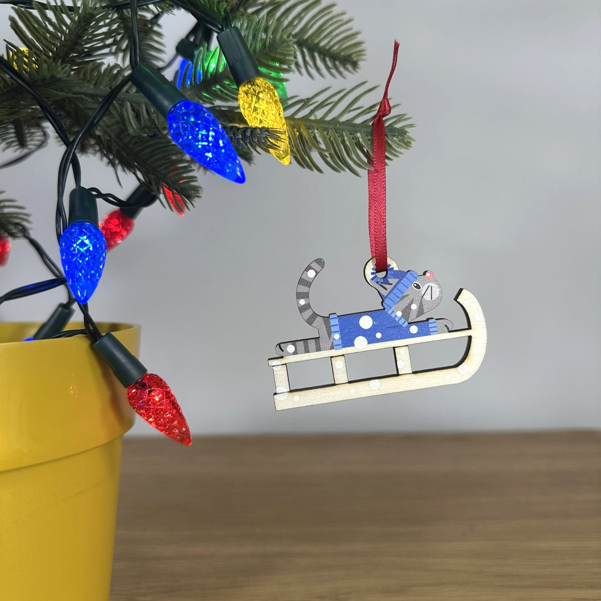 Grey Tabby Cat on a Christmas Sledge - Tree Decoration