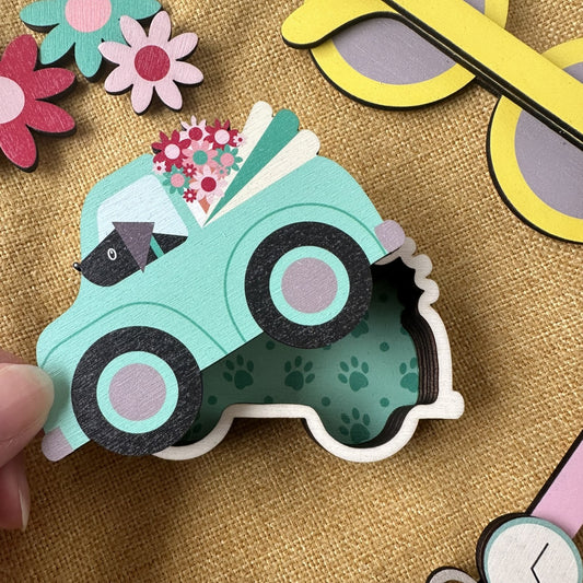 Wooden Trinket Box - Dogs in Teal Car