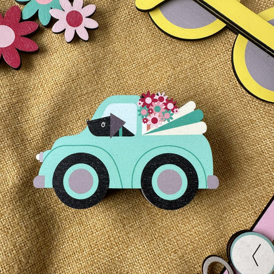 Wooden Trinket Box - Dogs in Teal Car