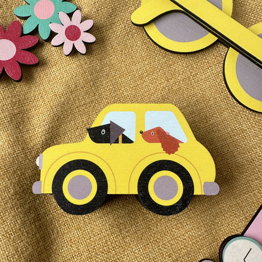 Wooden Trinket Box, Dogs in a Yellow Car