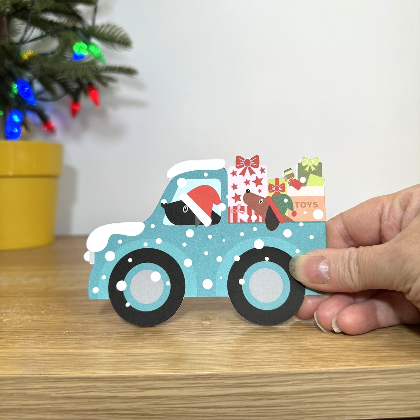 Santa Paws Delivering Christmas Presents - Cut out Christmas Card