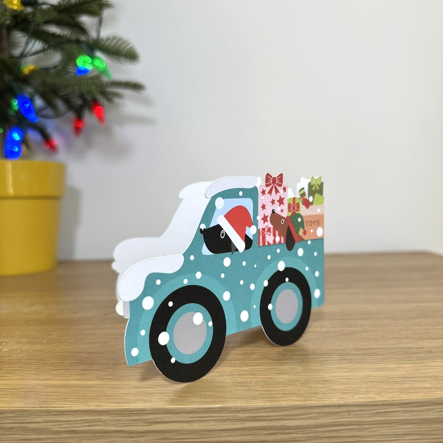 Santa Paws Delivering Christmas Presents - Cut out Christmas Card