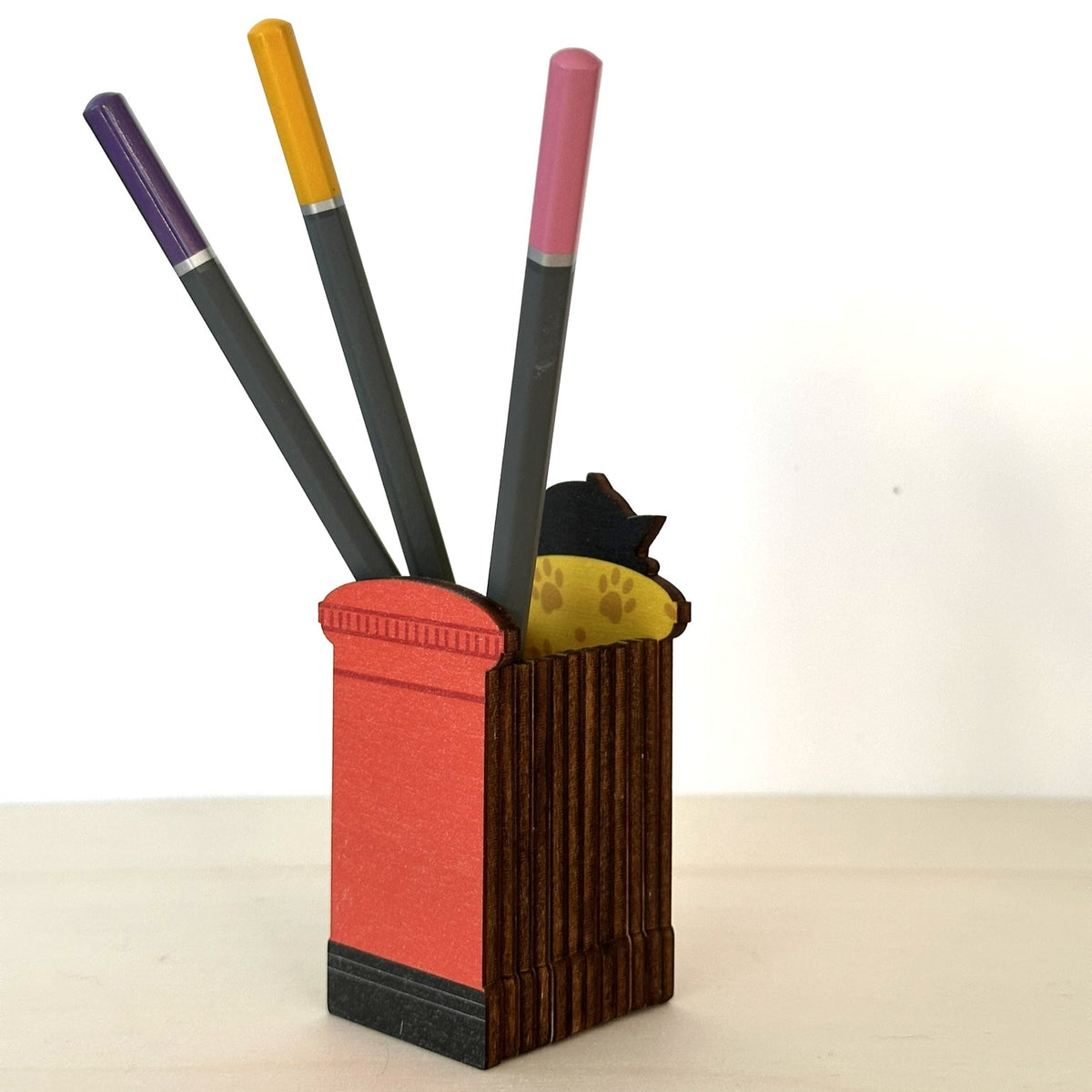Wooden Pen Pot Shaped as an Iconic Red Post Box