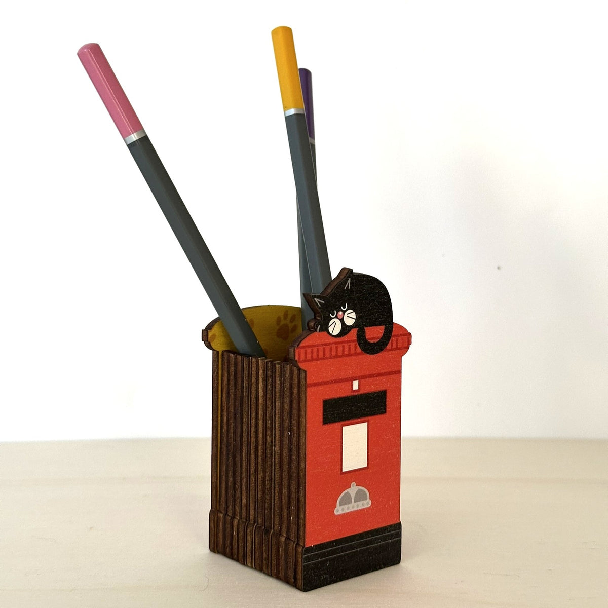 Wooden Pen Pot Shaped as an Iconic Red Post Box