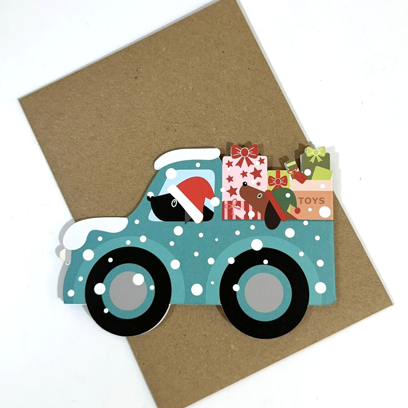 Santa Paws Delivering Christmas Presents - Cut out Christmas Card