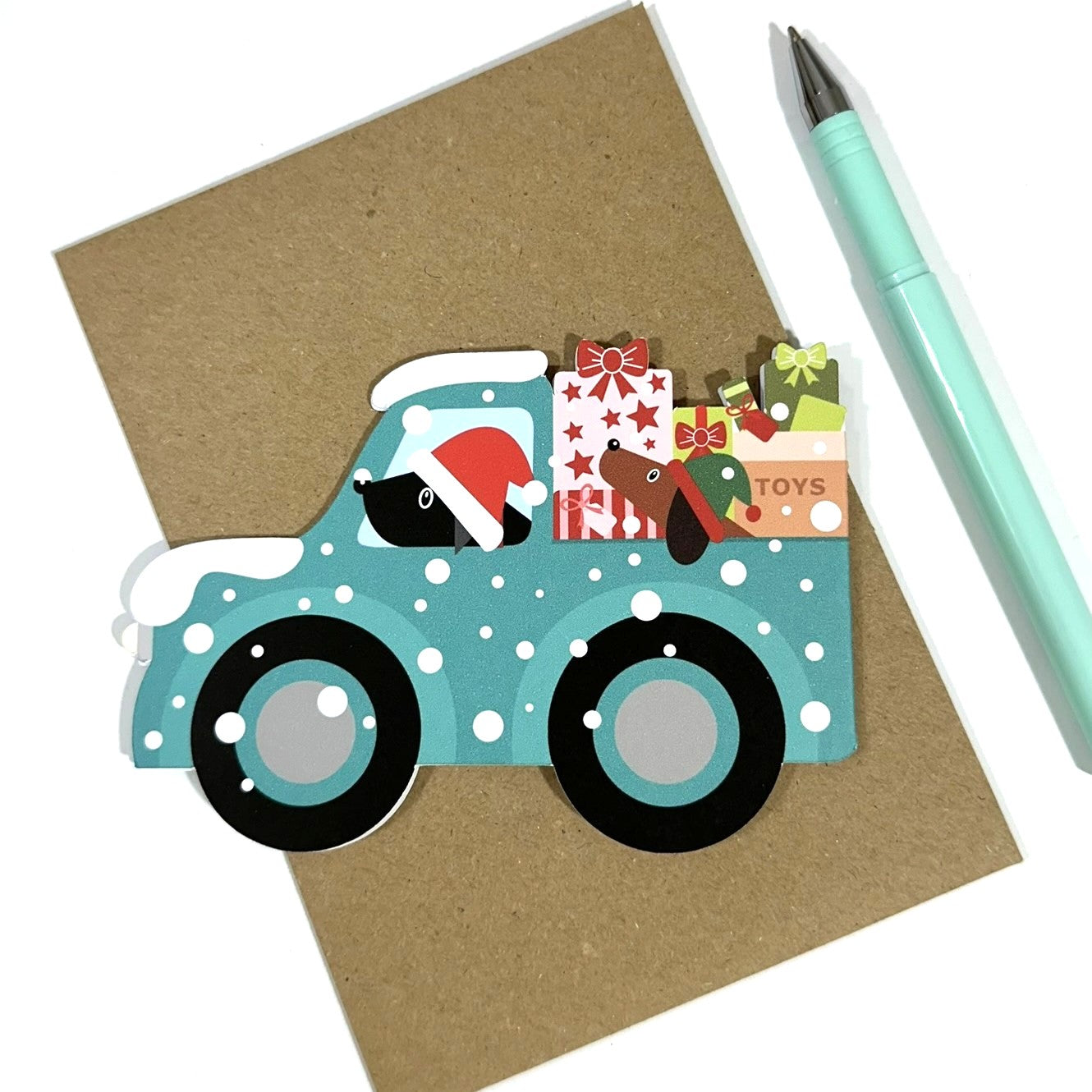 Santa Paws Delivering Christmas Presents - Cut out Christmas Card