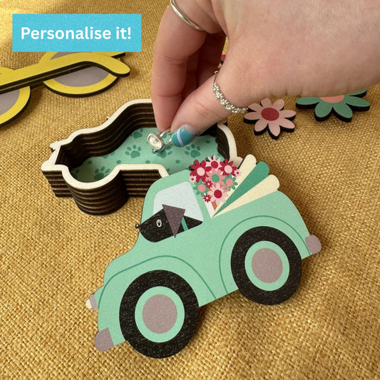 Personalised Wooden Trinket Box - Dogs in Teal Car