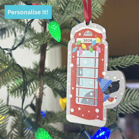 Personalised Red Phone Box With Two Dogs Peeking Out - Tree Decoration
