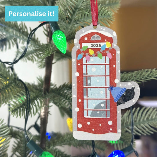 Personalised Red Phone Box With a Dog Peeking Out - Tree Decoration