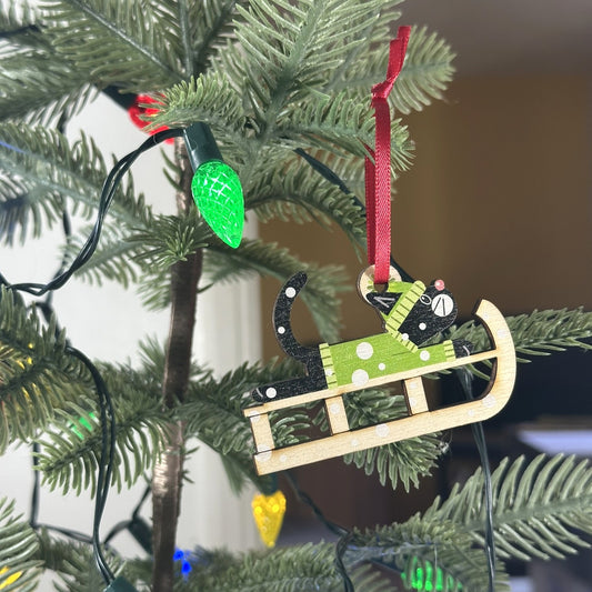 Black Cat on a Christmas Sledge - Tree Decoration