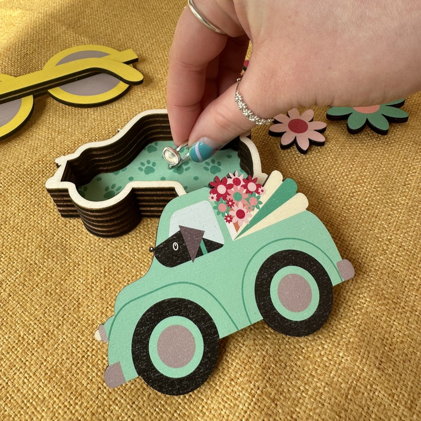 Wooden Trinket Box - Dogs in Teal Car