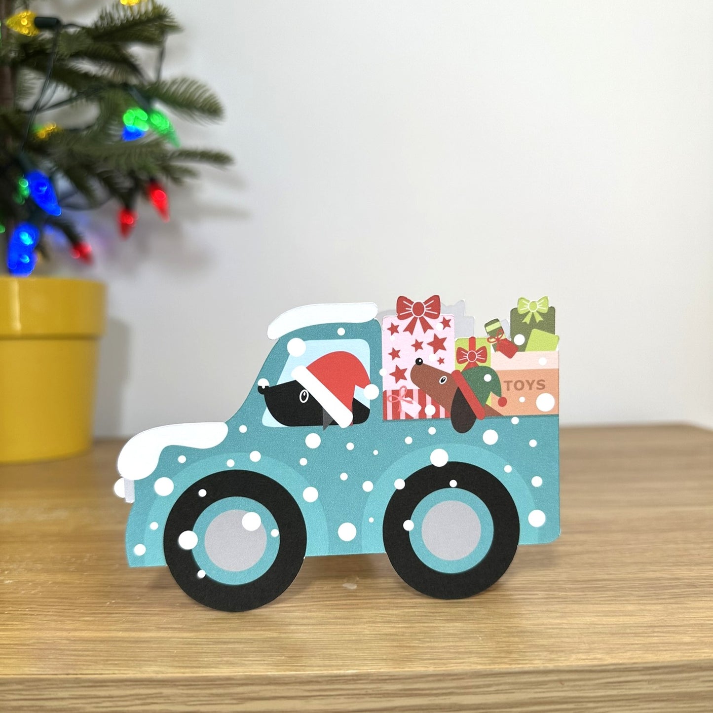 Santa Paws Delivering Christmas Presents - Cut out Christmas Card