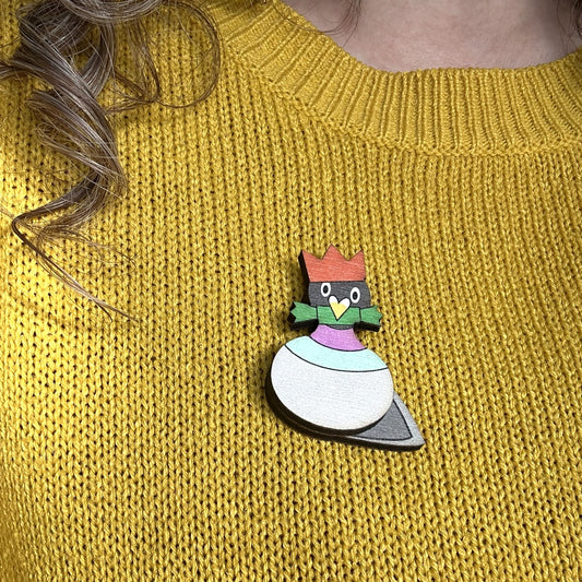 Wooden Pigeon Brooch - Pigeon Wearing Christmas Paper Hat