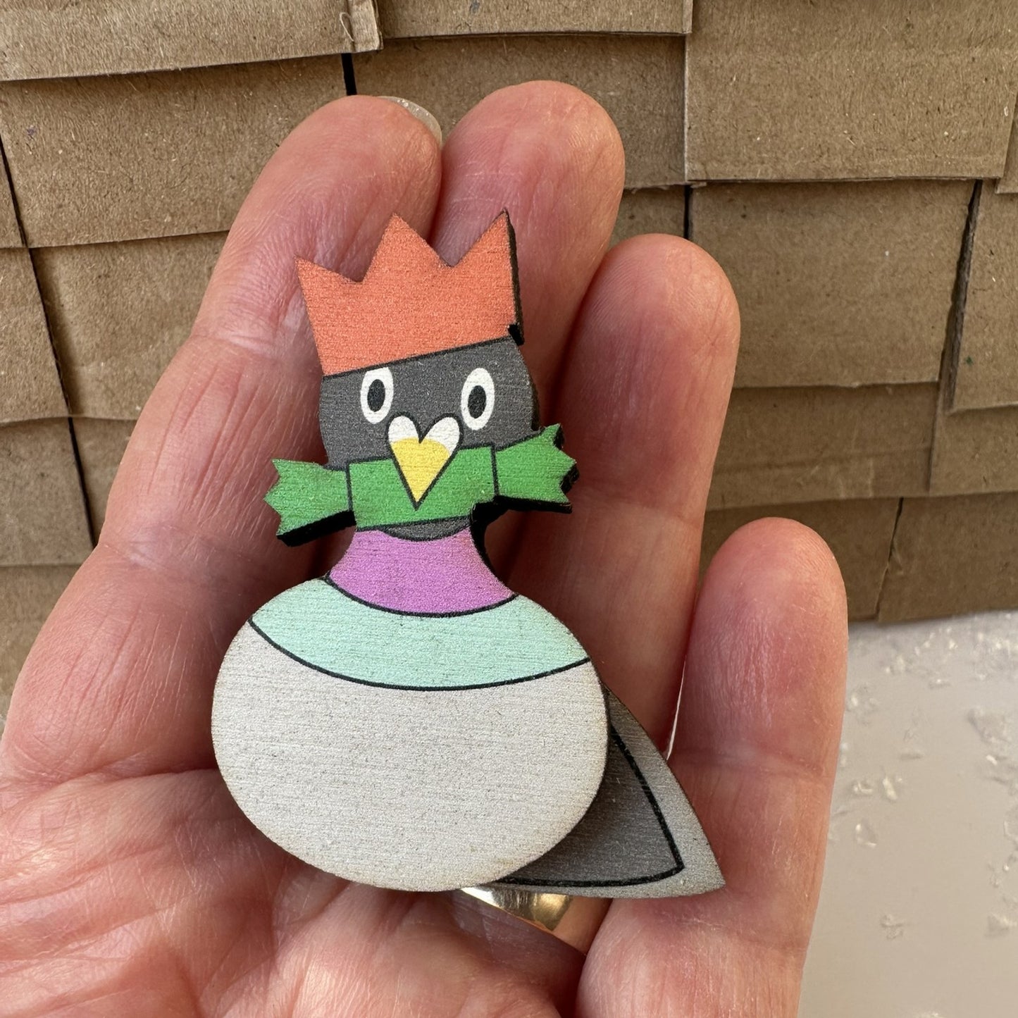 Wooden Pigeon Brooch - Pigeon Wearing Christmas Paper Hat