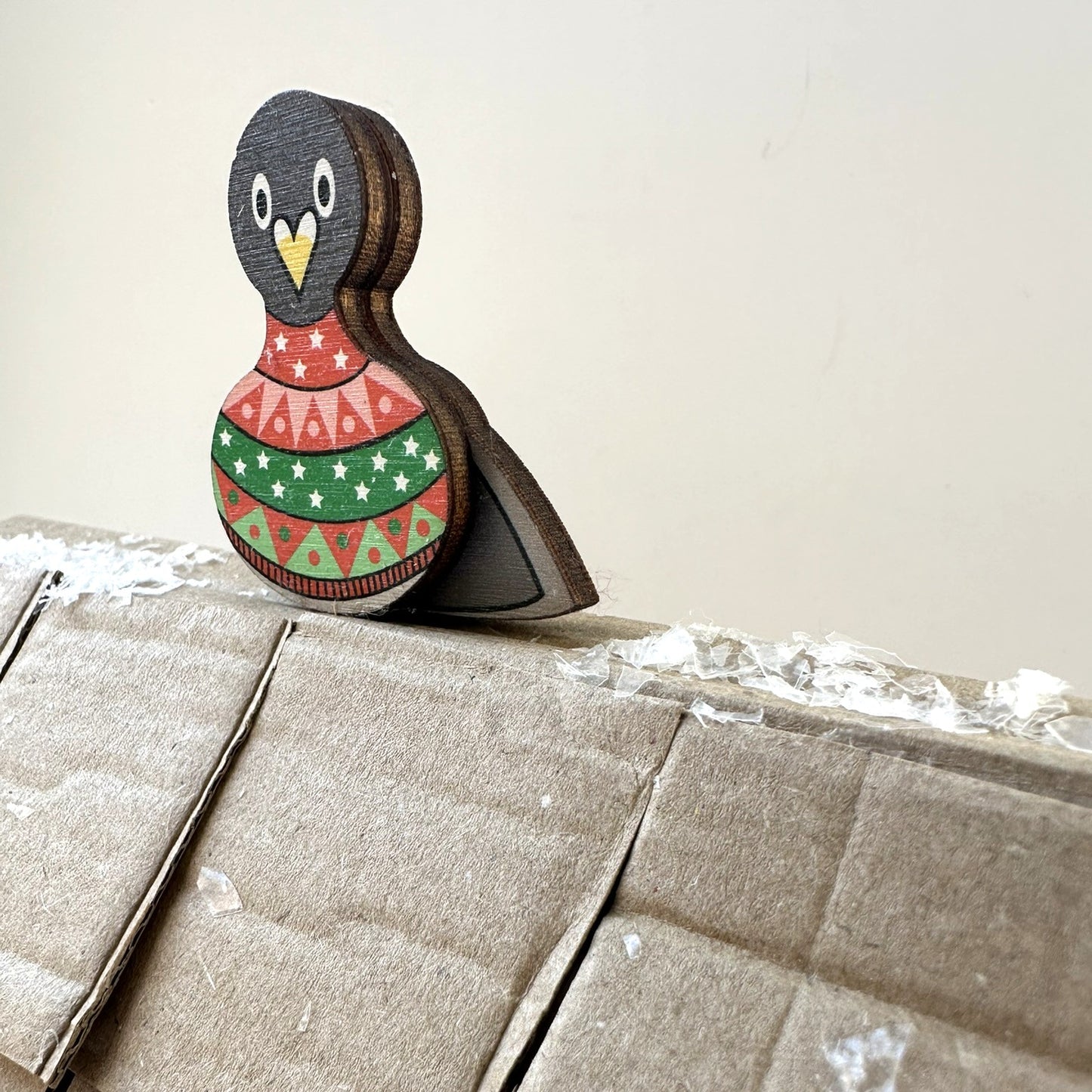 Wooden Pigeon Brooch - Pigeon in a Christmas Fair Isle Jumper