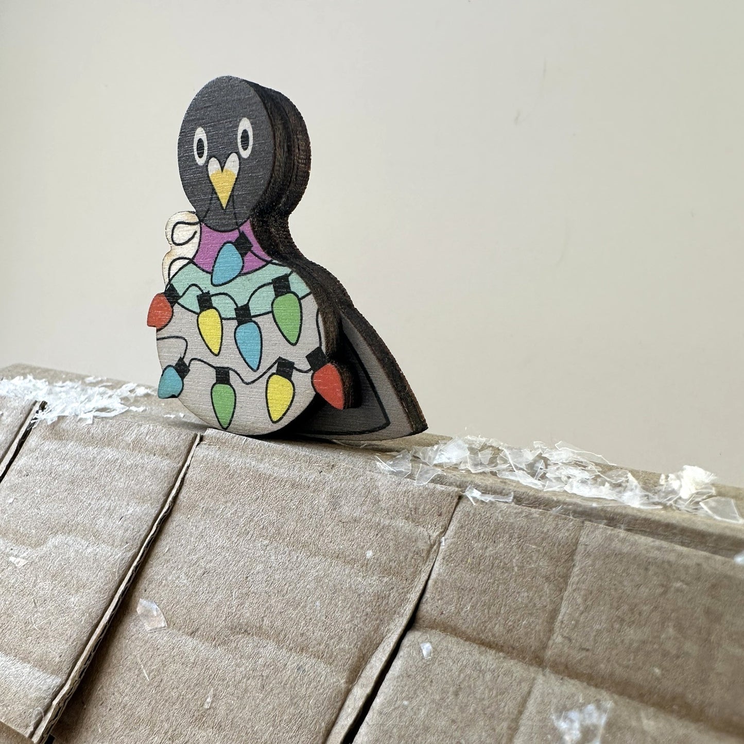 Wooden Pigeon Brooch - Pigeon with Christmas Lights