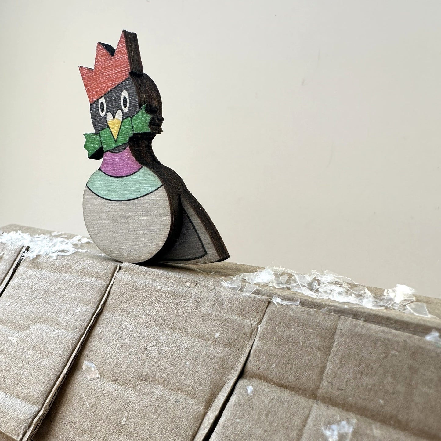 Wooden Pigeon Brooch - Pigeon Wearing Christmas Paper Hat