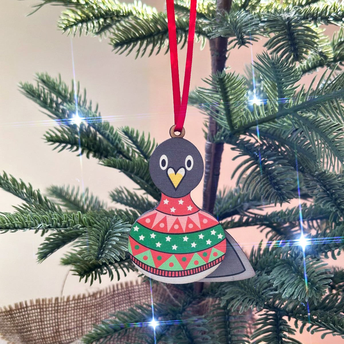 Festive Pigeon wearing a Fair Isle Jumper - Tree Decoration