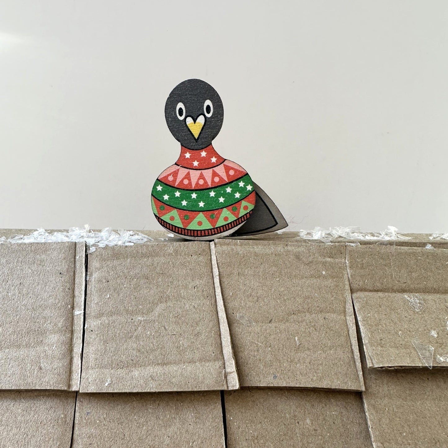 Wooden Pigeon Brooch - Pigeon in a Christmas Fair Isle Jumper