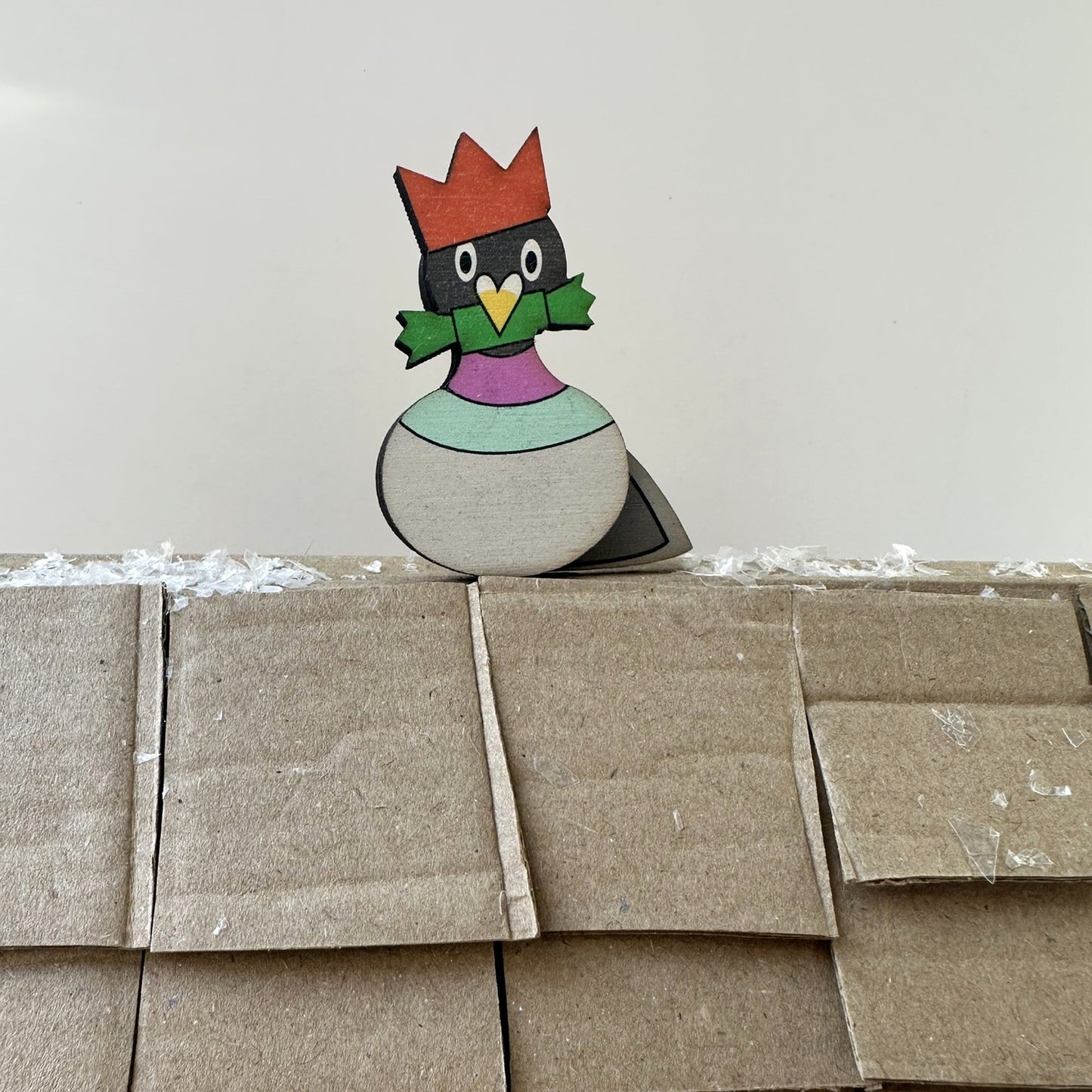 Wooden Pigeon Brooch - Pigeon Wearing Christmas Paper Hat