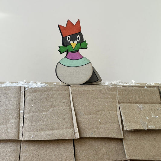 Wooden Pigeon Brooch - Pigeon Wearing Christmas Paper Hat