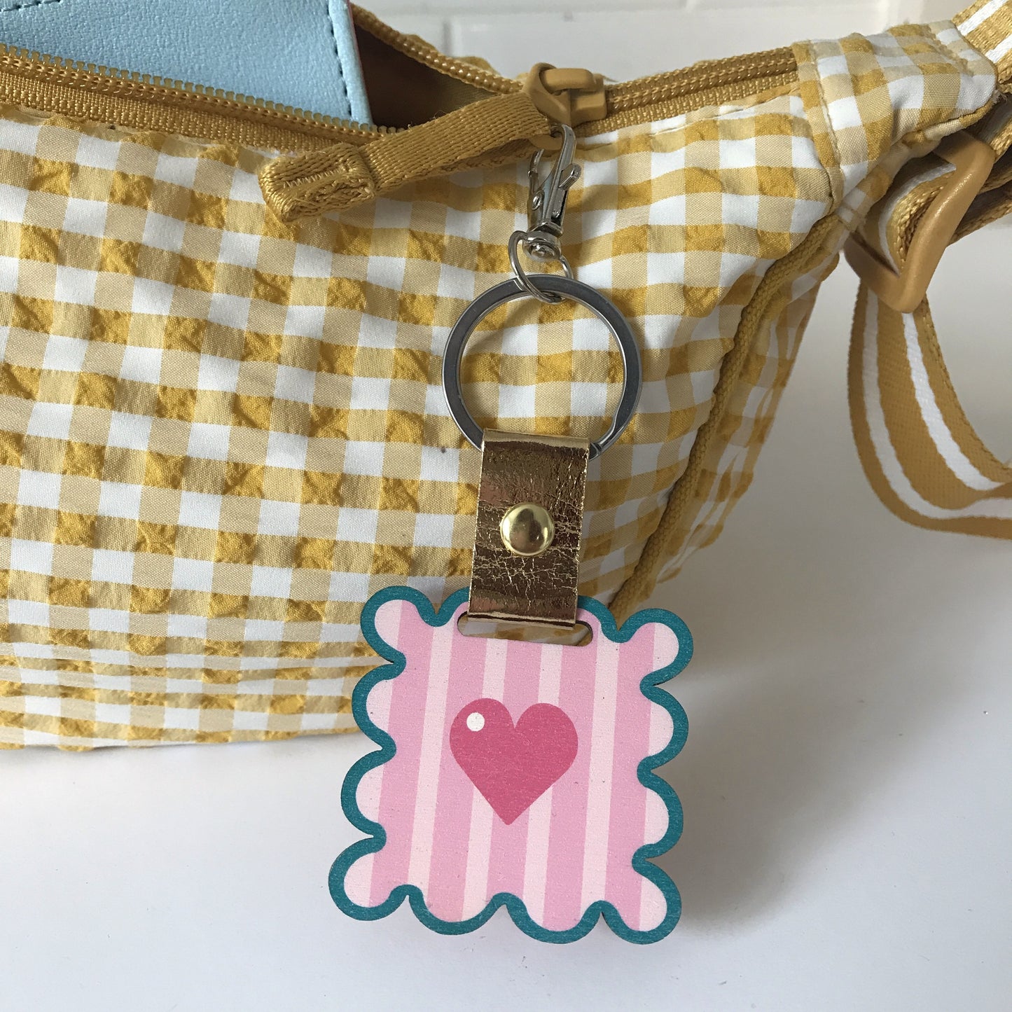 Custom Pink and Teal Wavy Frame Wooden Keychain/Bag Charm