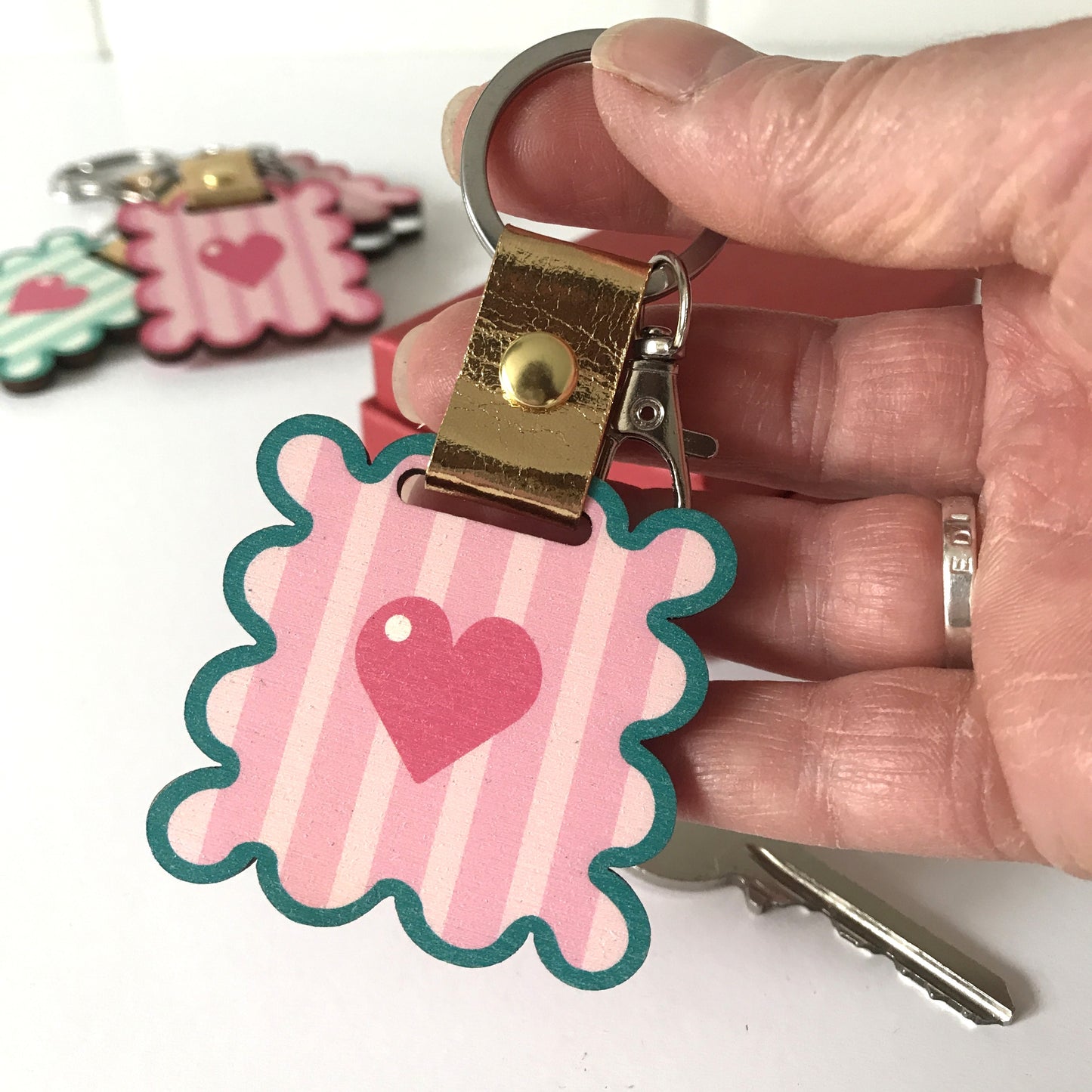 Custom Pink and Teal Wavy Frame Wooden Keychain/Bag Charm