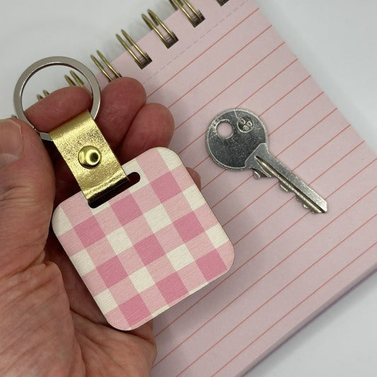 Pink Gingham Wooden Keyring