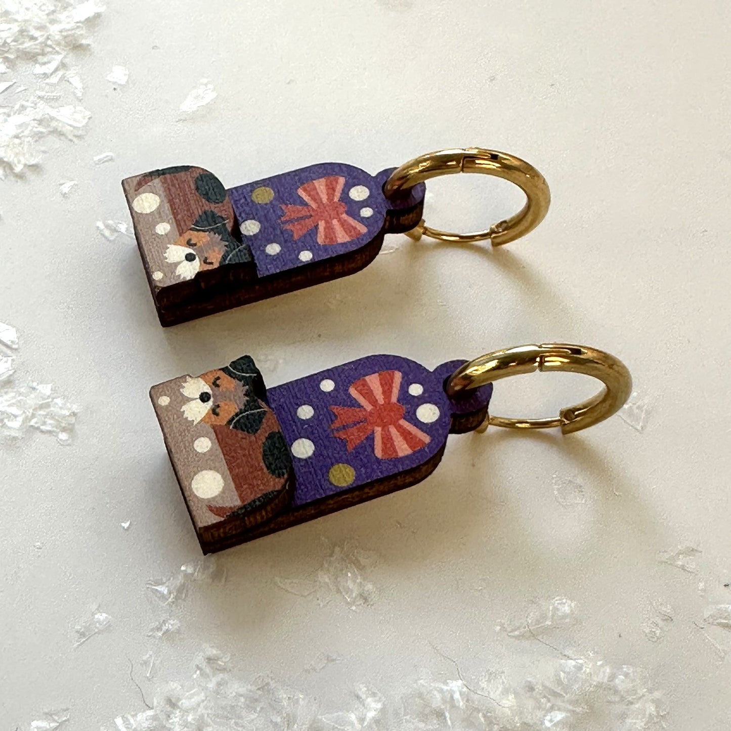Wooden Christmas Earrings. Cute Terrier Dog on a Snowy Day