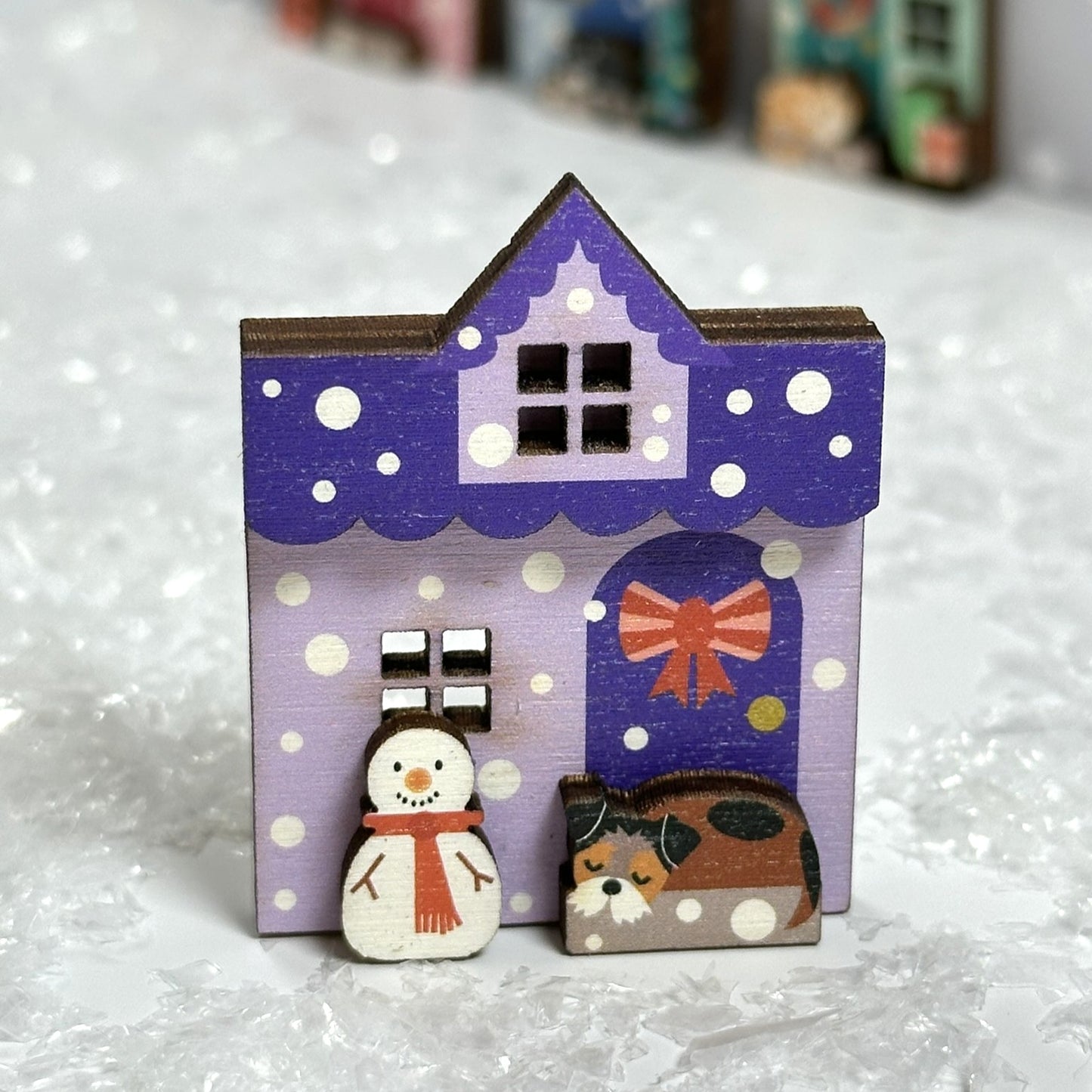 Festive Purple Wooden House Brooch. Perfect Winter Accessory