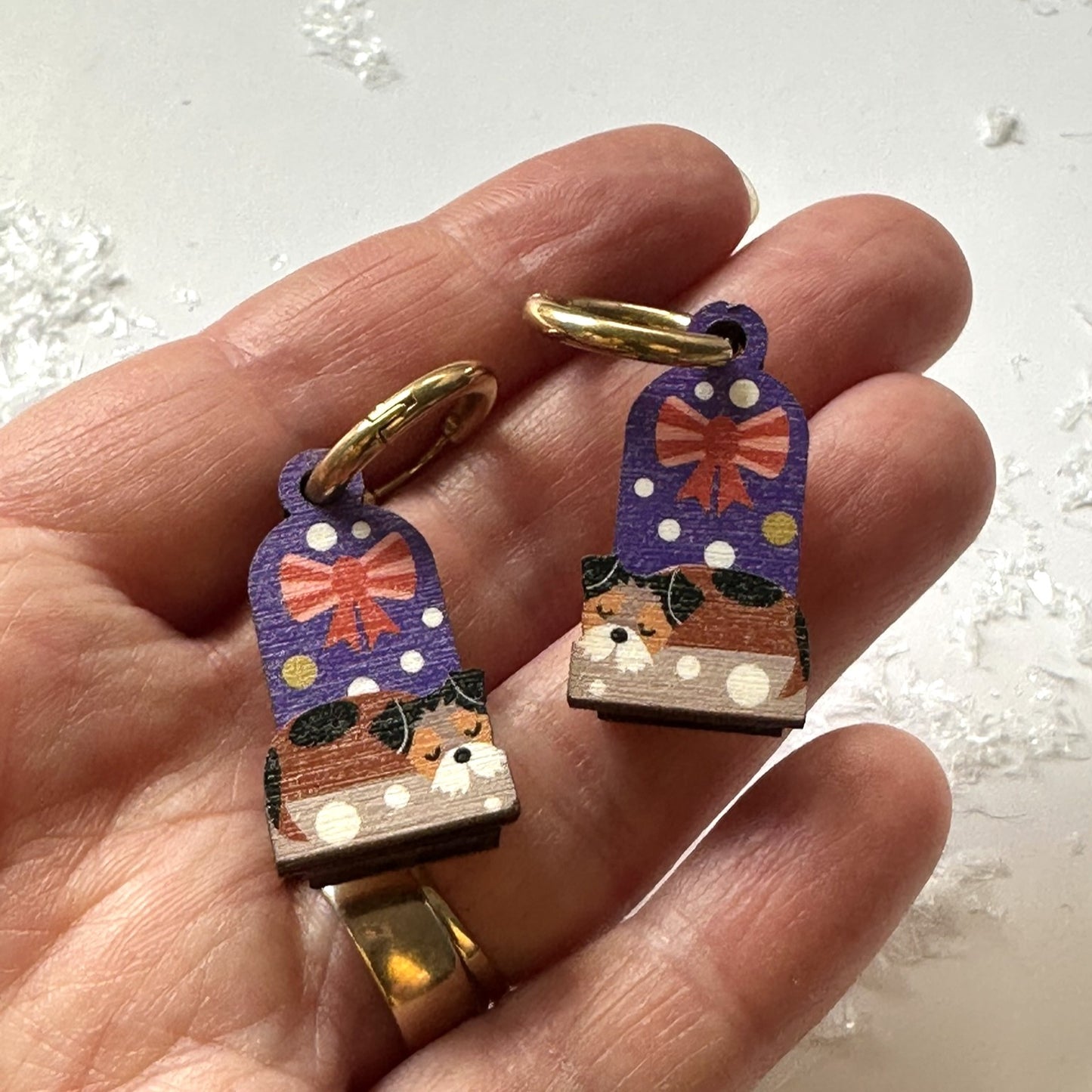 Wooden Christmas Earrings. Cute Terrier Dog on a Snowy Day