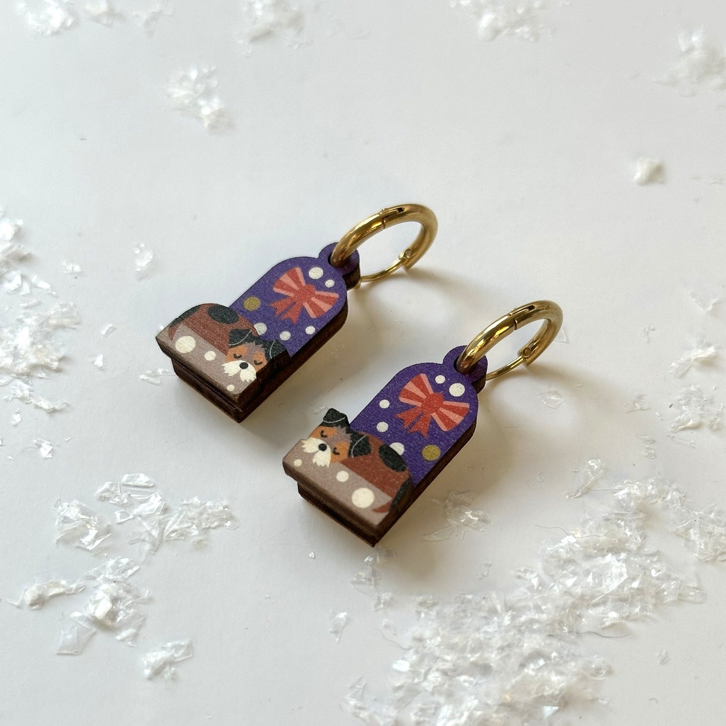 Wooden Christmas Earrings. Cute Terrier Dog on a Snowy Day