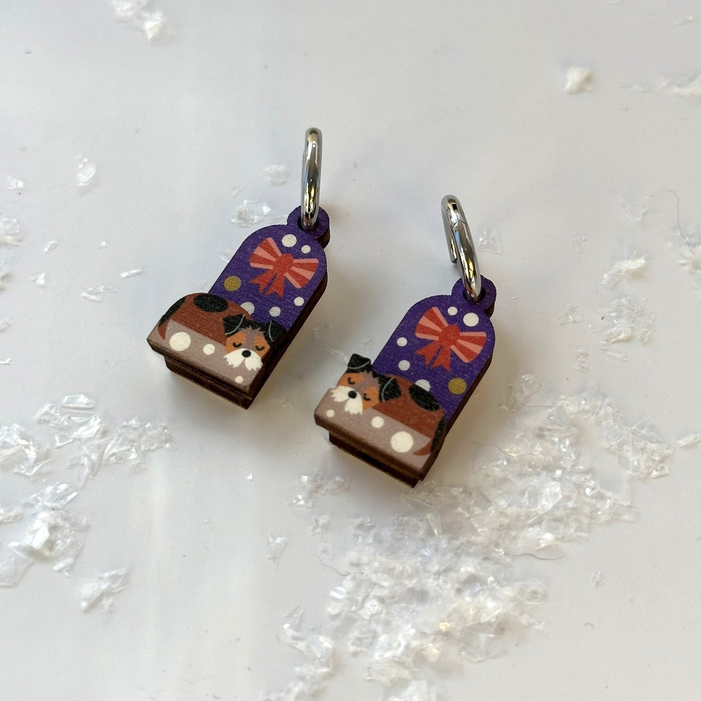 Wooden Christmas Earrings. Cute Terrier Dog on a Snowy Day