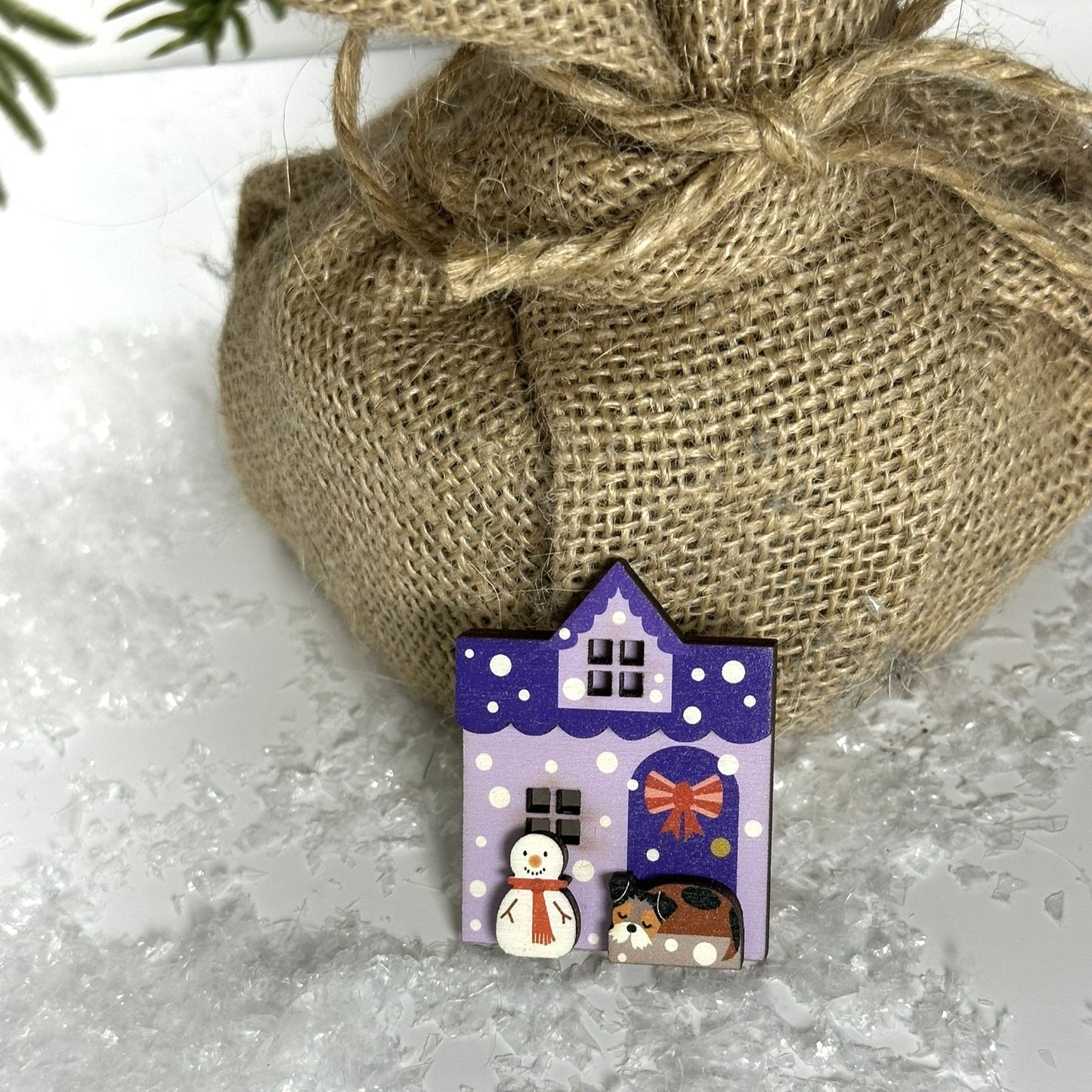 Festive Purple Wooden House Brooch. Perfect Winter Accessory