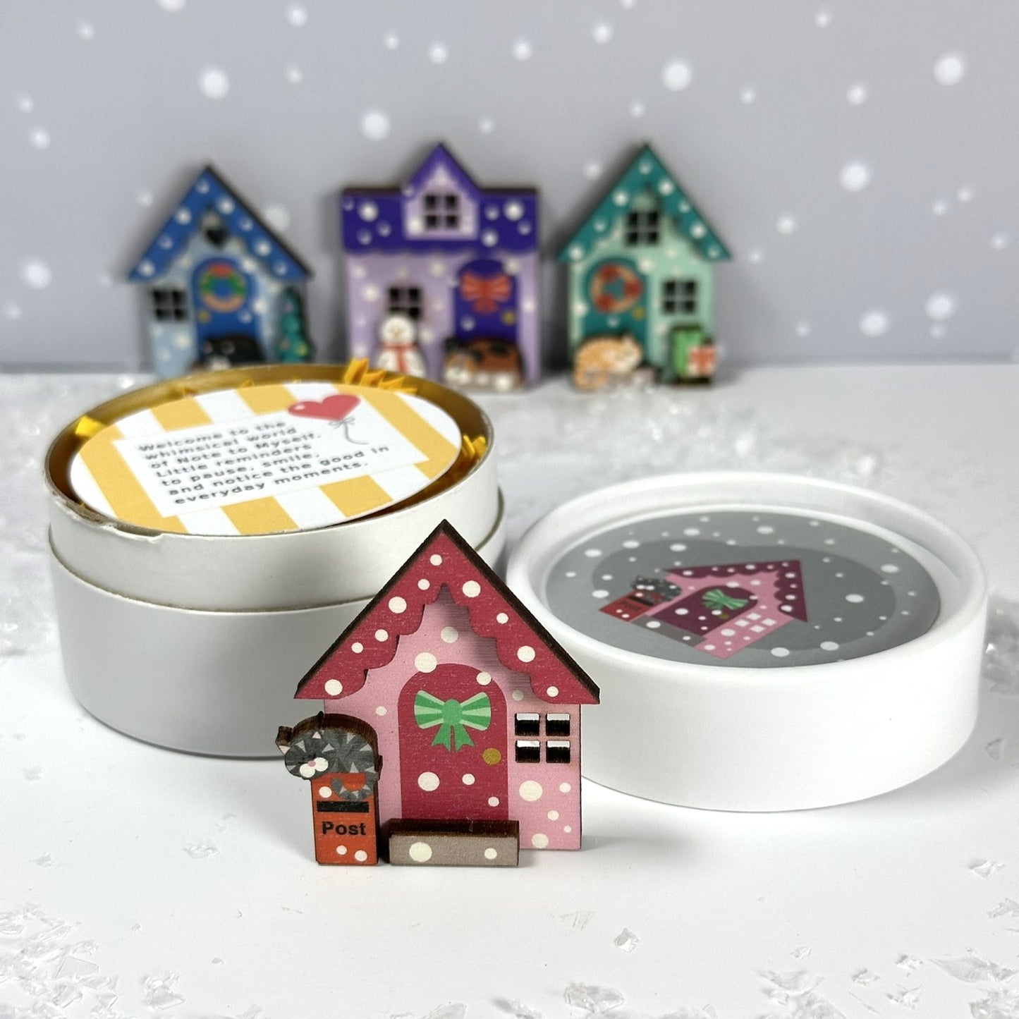 Cosy Pink Winter Cottage Wooden Brooch, Fun Winter Accessory