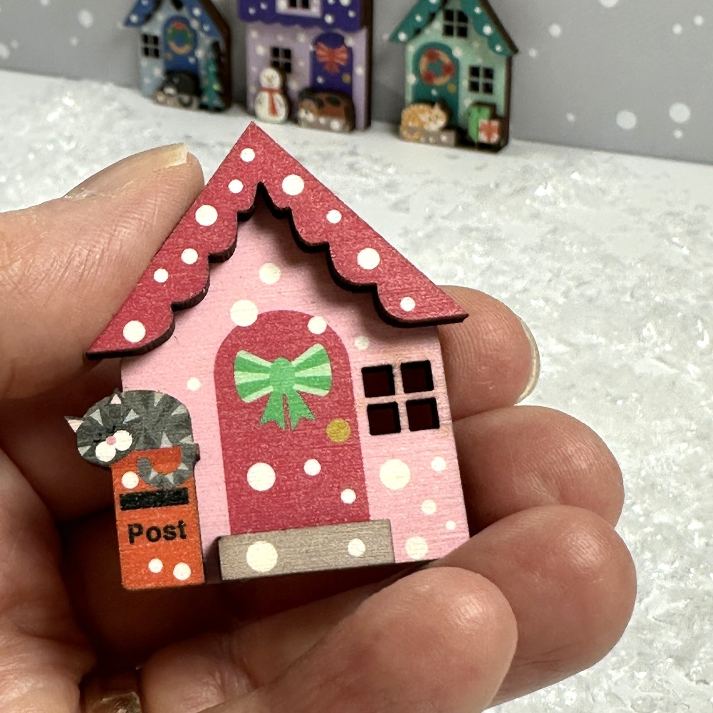Cosy Pink Winter Cottage Wooden Brooch, Fun Winter Accessory