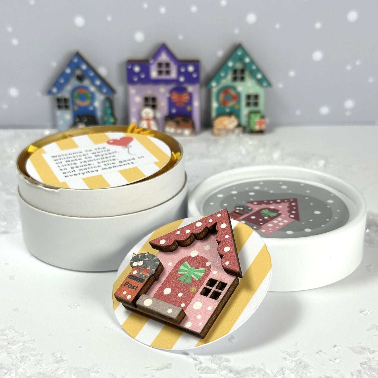 Cosy Pink Winter Cottage Wooden Brooch, Fun Winter Accessory