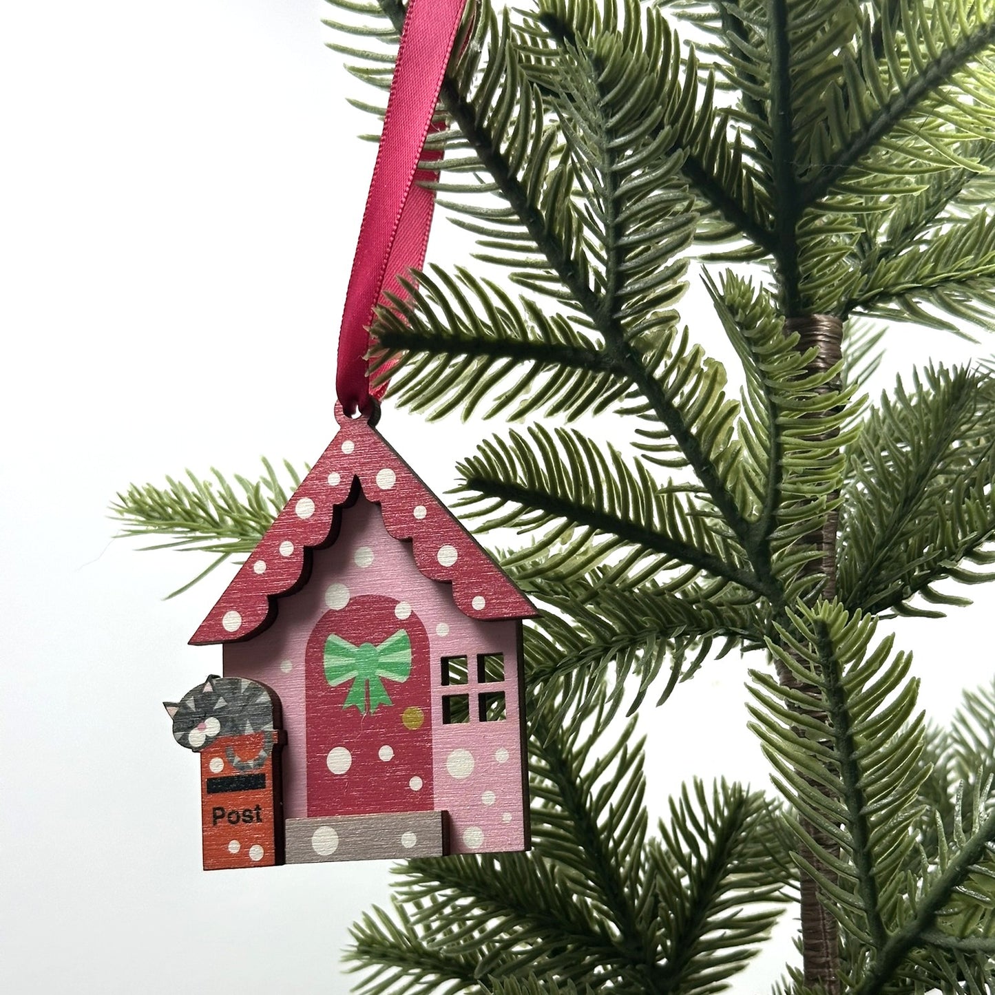Red Snowy Day Christmas House Decoration, with Cute Grey Tabby Cat
