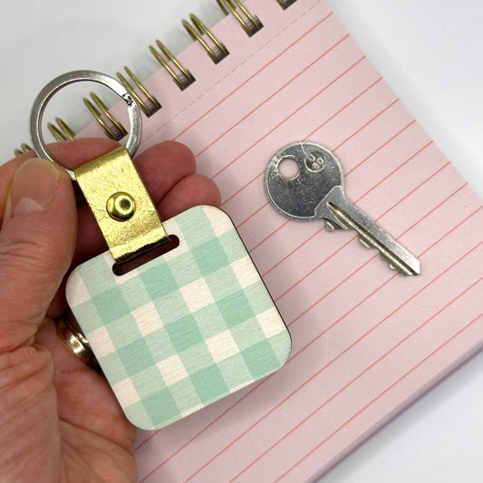 Teal Gingham Wooden Keyring