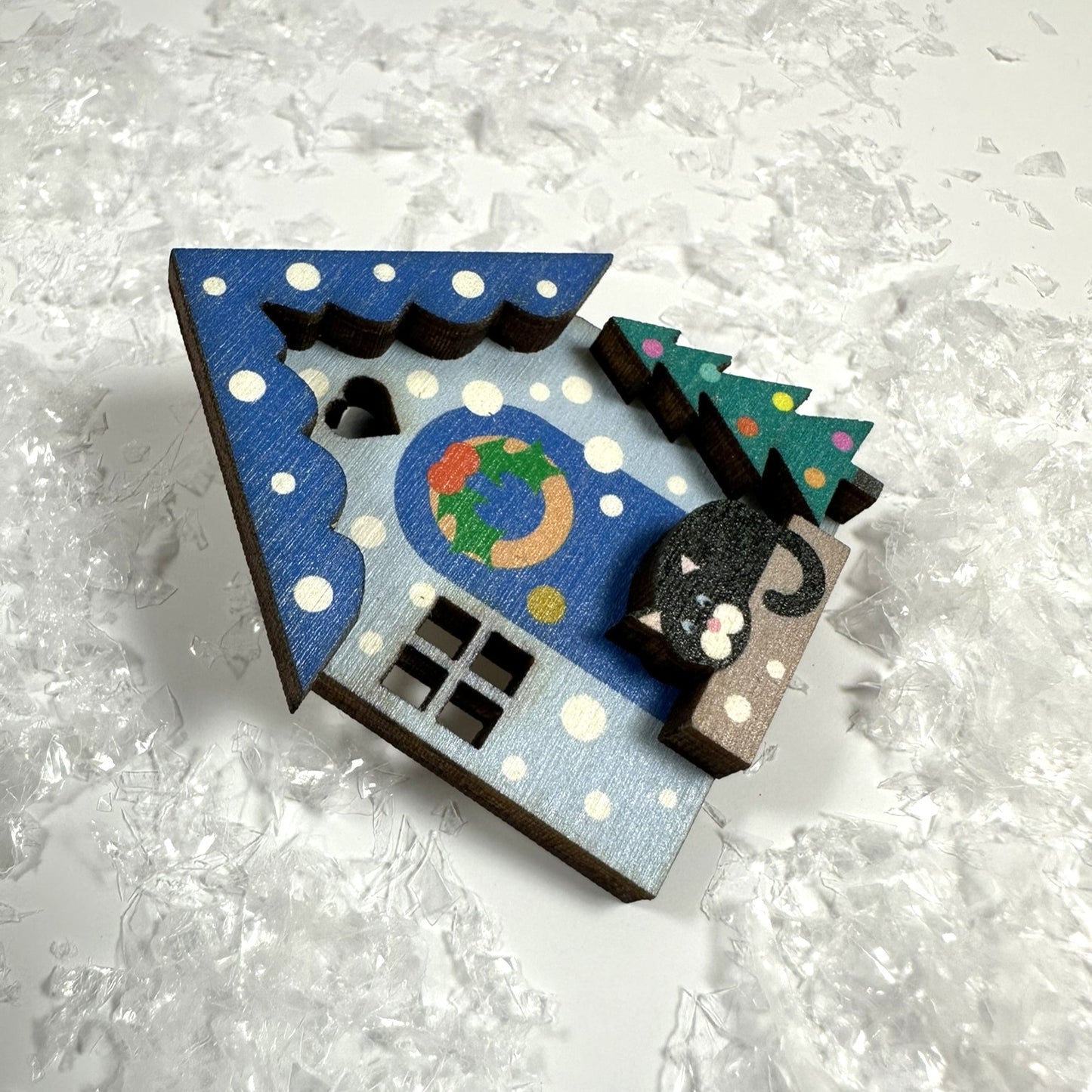 Blue Christmas House Wooden Brooch. Cute Winter Accessory