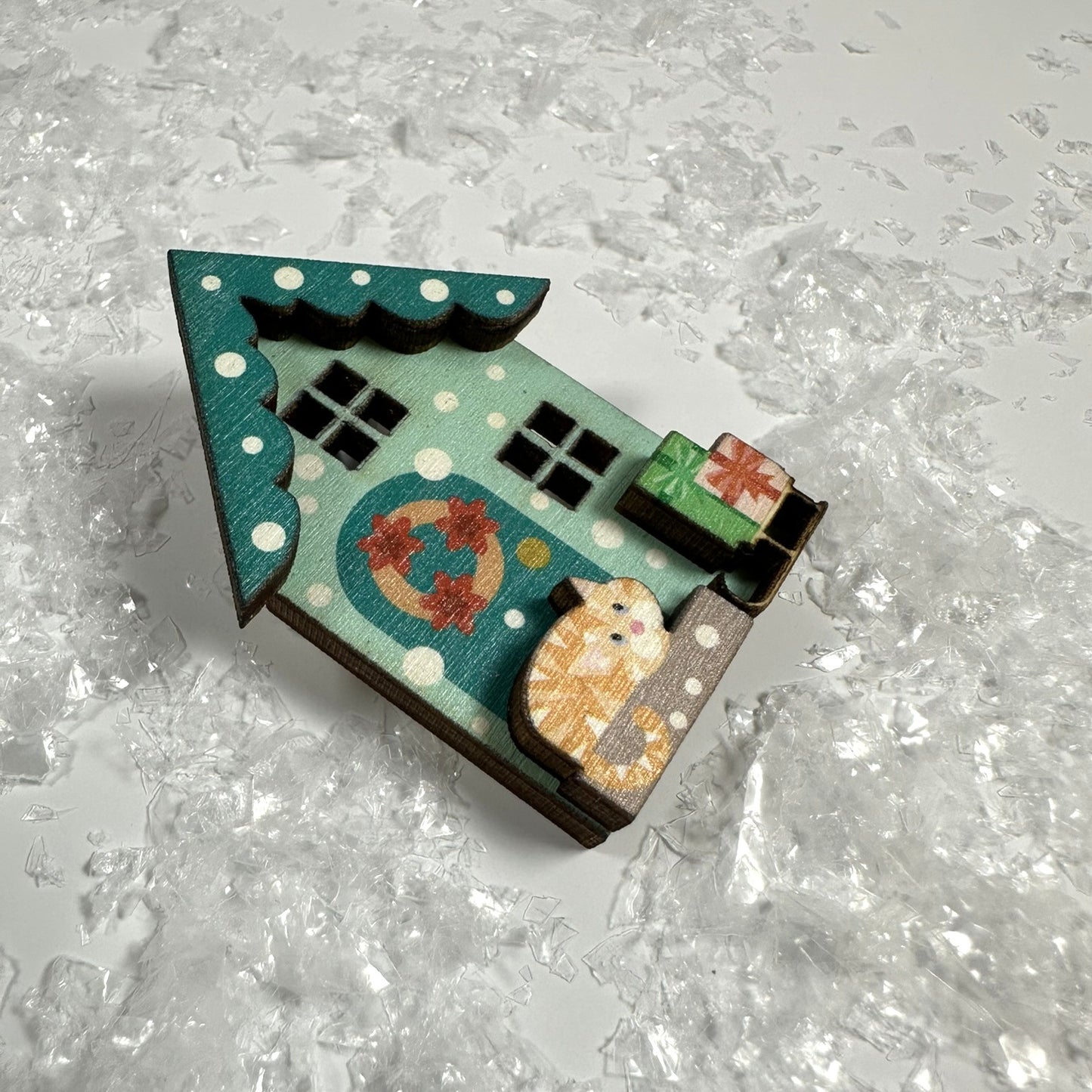 Green Winter Cottage Wooden Pin. Delightful Winter Accessory