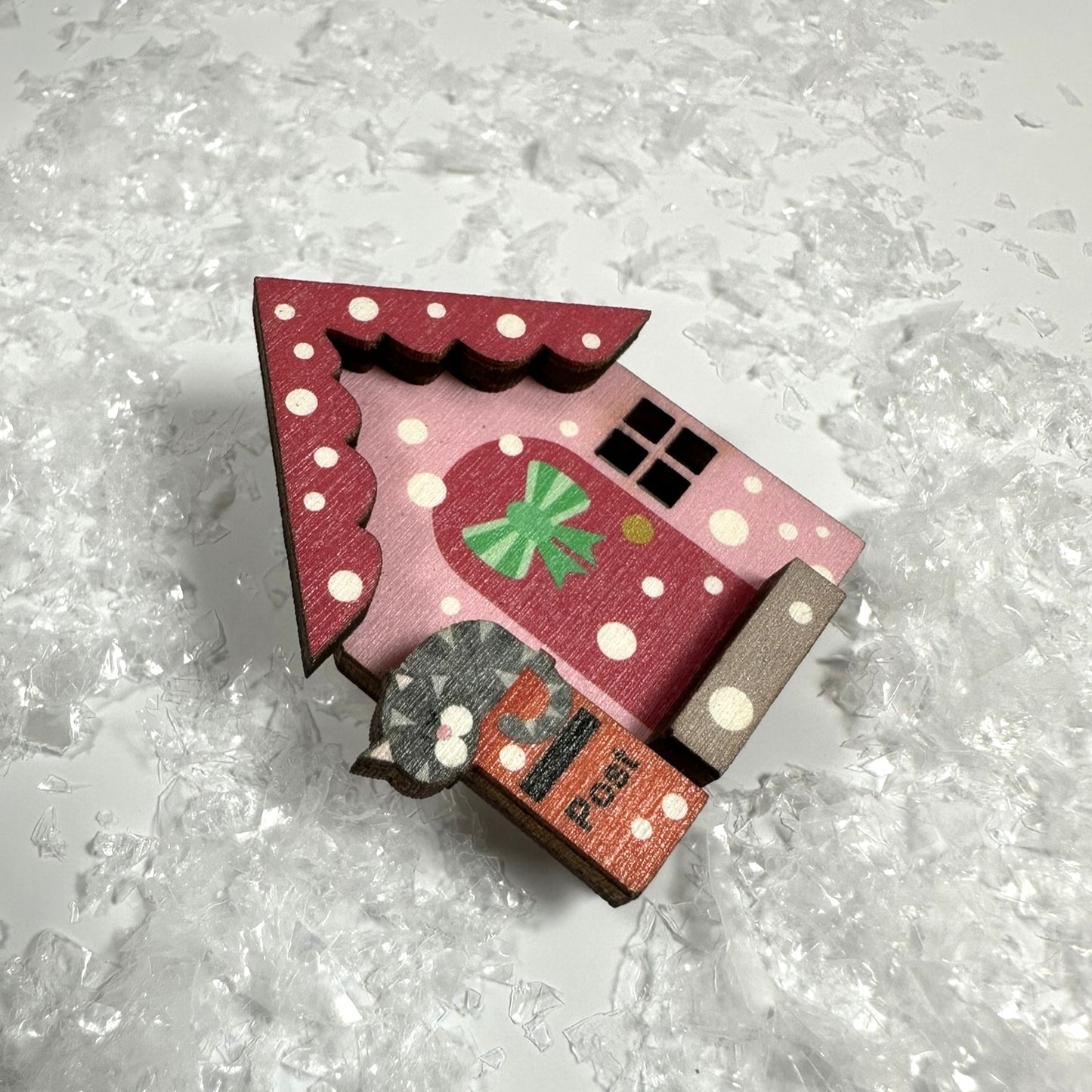 Cosy Pink Winter Cottage Wooden Brooch, Fun Winter Accessory