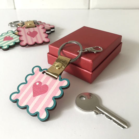Custom Pink and Teal Wavy Frame Wooden Keychain/Bag Charm