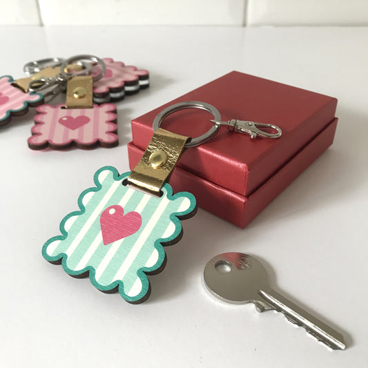 Personalised Teal Wavy Frame Wooden Keychain or Bag Charm
