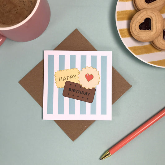 Happy Birthday Biscuit Card – Pastel Teal Stripe