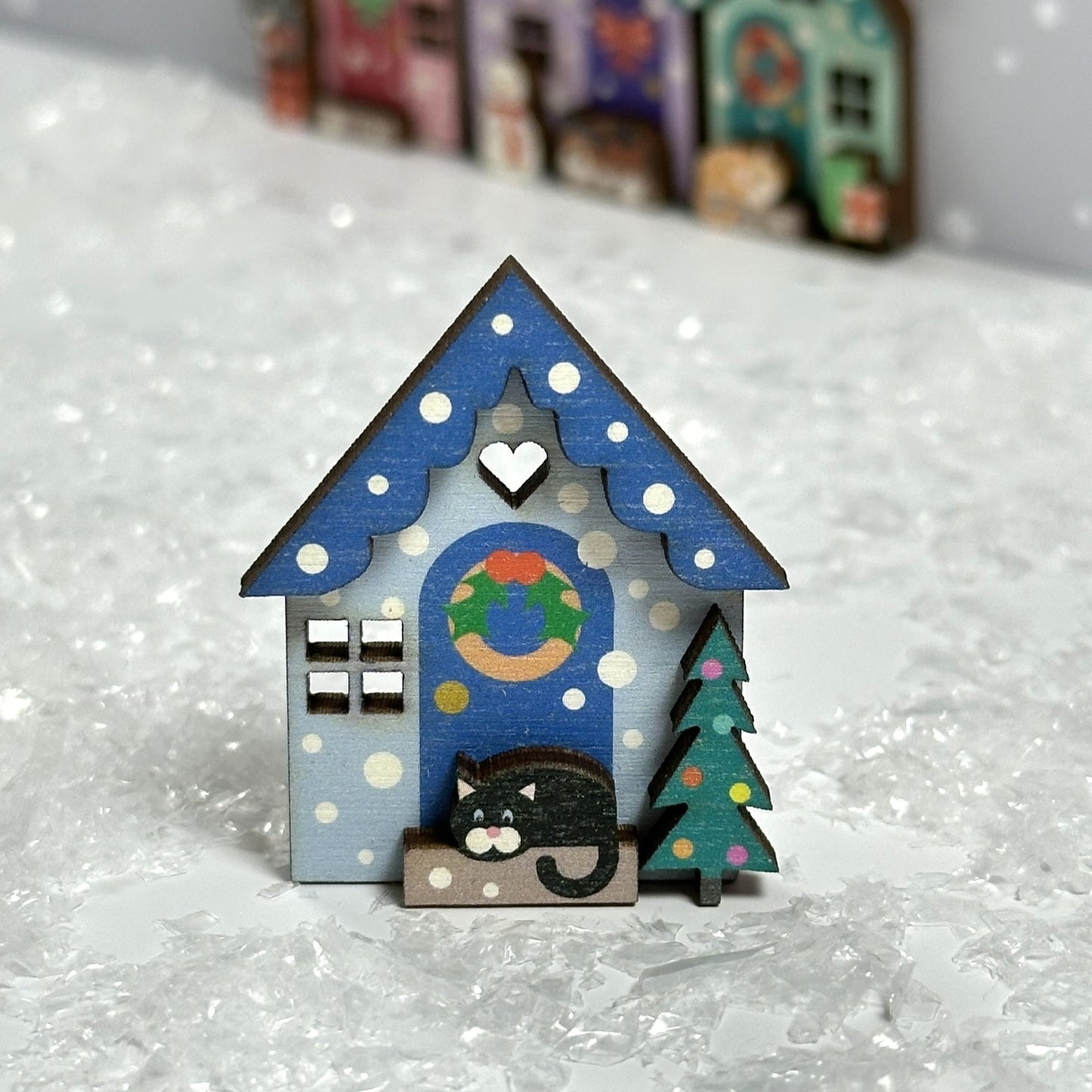 Blue Christmas House Wooden Brooch. Cute Winter Accessory
