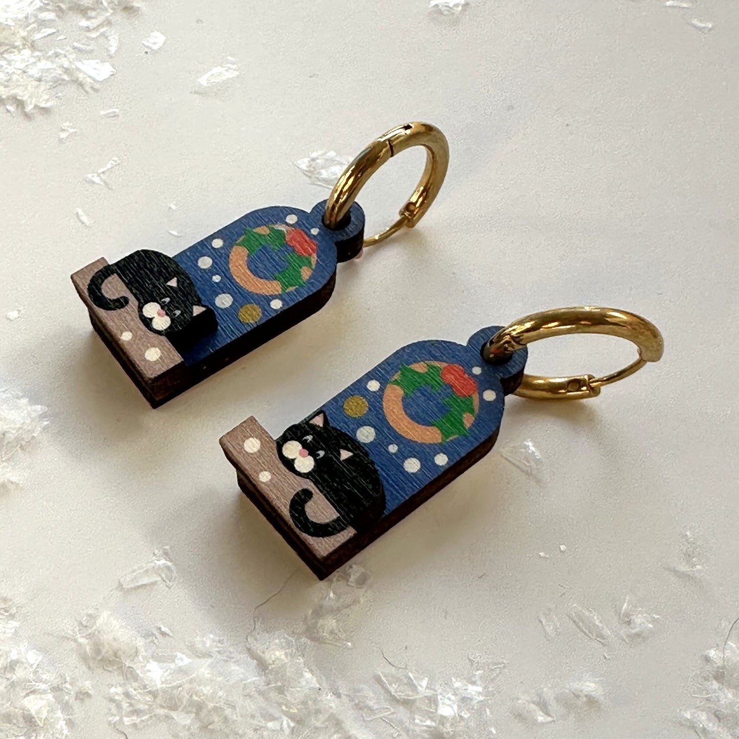 Festive Christmas Earrings, Cute black cat on a Snowy day